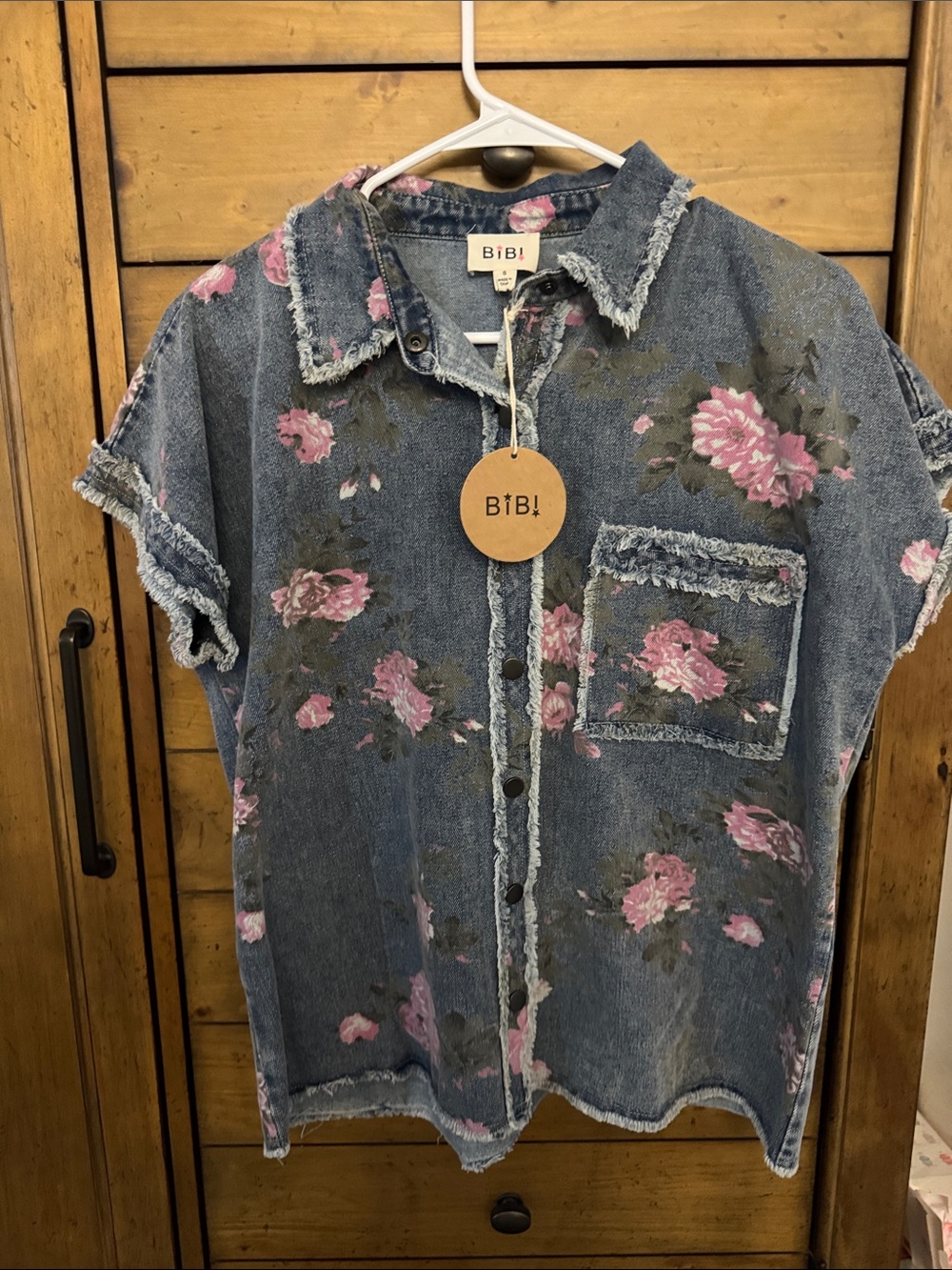 BiBi Blue Denim Shirt with Pink Rose Print